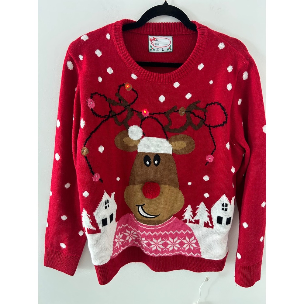 Red Light Up Reindeer Christmas Sweater Large Holiday Snowflake Knit